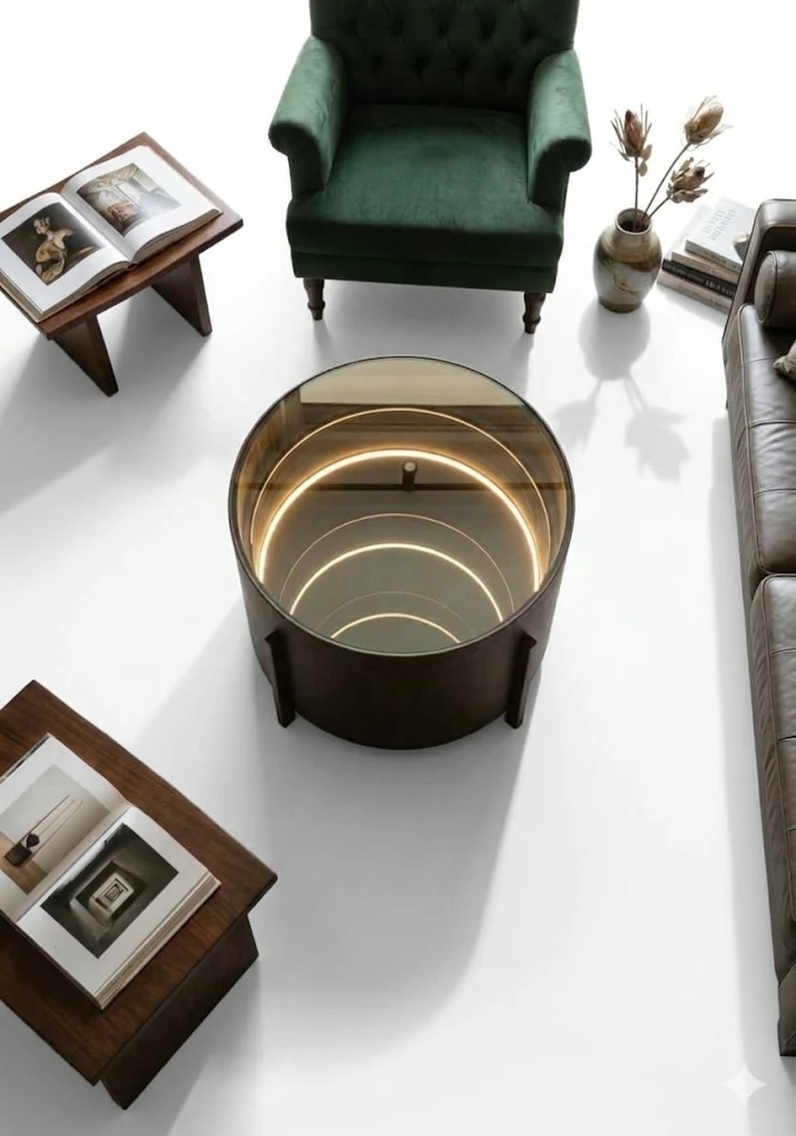 Dark drum coffee table with smoked glass top and warm LED ring lighting, styled in a living room
