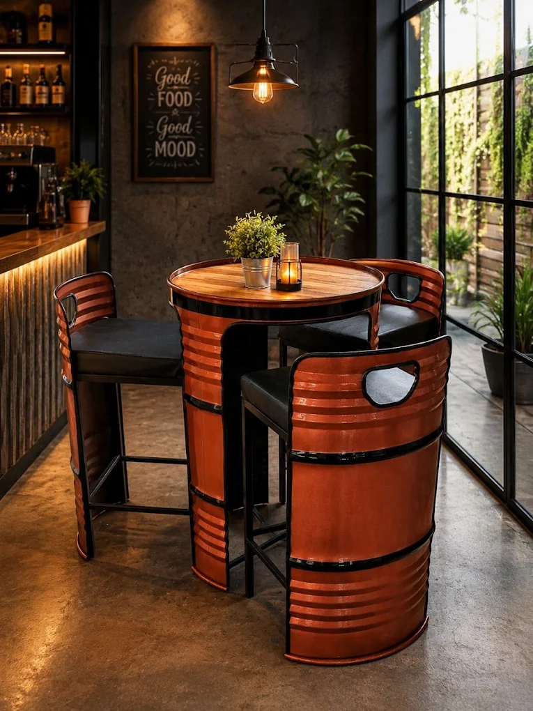 Rust-orange steel-barrel bar table with two cushioned drum bar chairs in a café setting